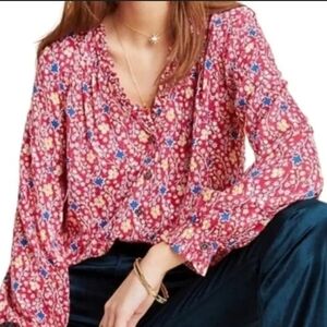 Maeve Pink and Blue Buttoned Ruffled Blouse